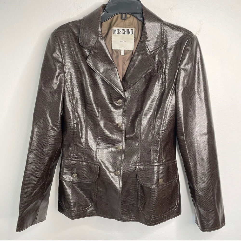 MOSCHINO Faux Leather Jacket Womens Size 12 Brown Textured Button Up Blazer